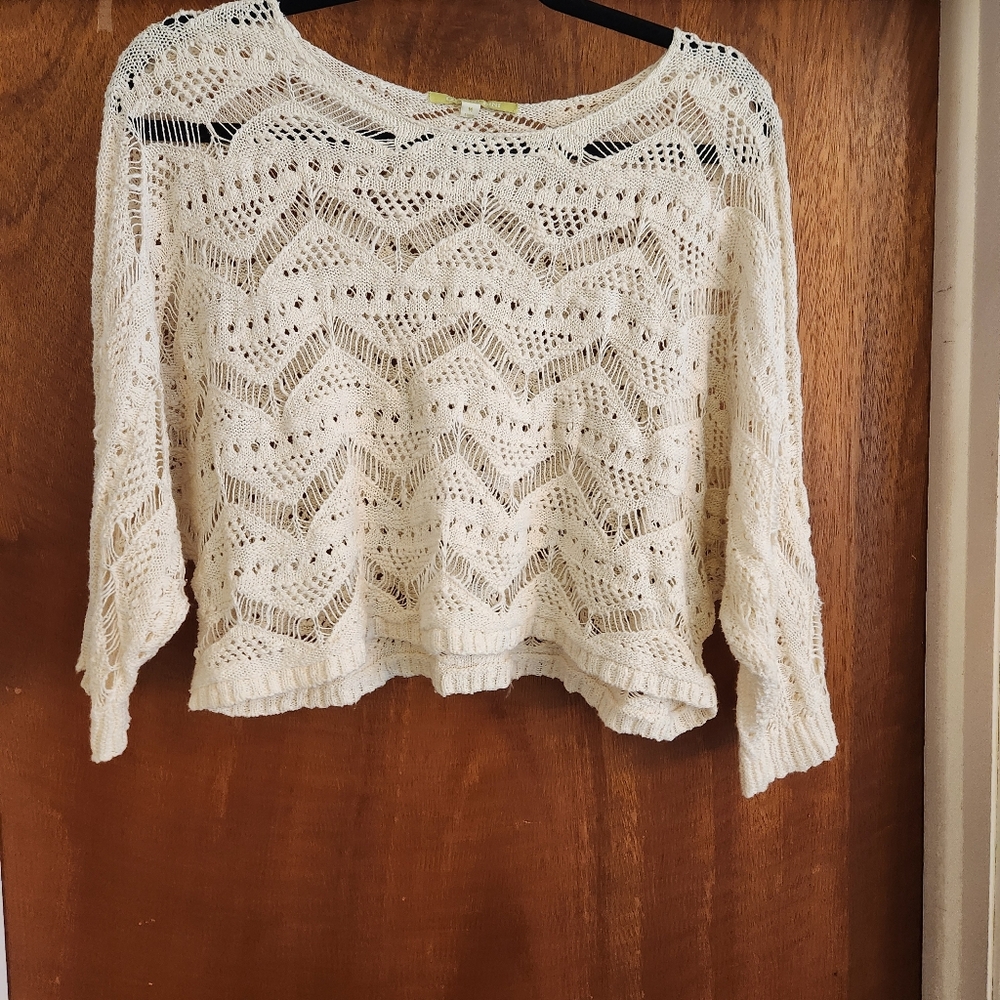 Gianni Bini Lace Hollow Out Crochet Open Knit Bohemian Long Sleeve Top Ivory M